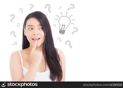 Asian woman thinking with drawing question mark for decision and have a idea isolated on white background - Solution and inspiration of girl genius for success concept.