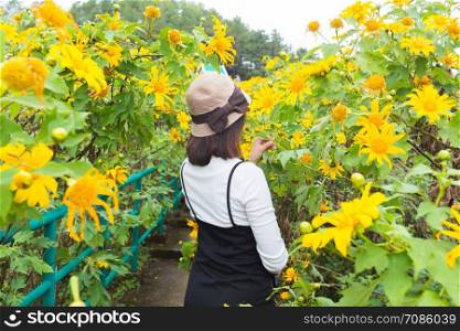 Asian woman traveler in holiday. Relax and happy in yellow flower field.