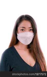 Asian woman wearing a white mask on white background.