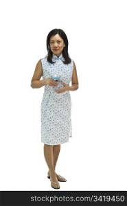 Asian Woman wearing causal dress with drink in hand on white background