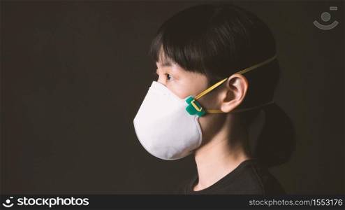Asian woman wearing n95 healthy mask for protect coronavirus or covid-19 and pm 2.5 dangerous dust from bad air pollution which shoot in studio with clear black color background.
