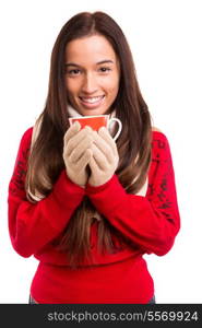 Asian woman wearing winter clothes and holding a cup of tea or coffee