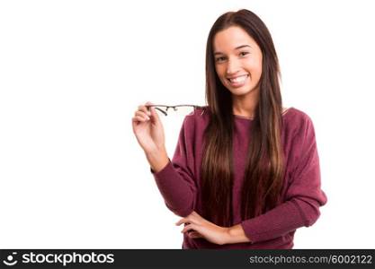 Asian woman who weares glasses, posing isolated over white