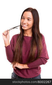 Asian woman who weares glasses, posing isolated over white