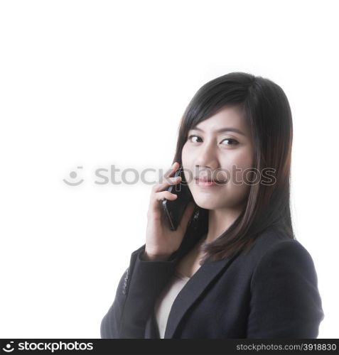 Asian woman with telephone mobile in business office concept on white background