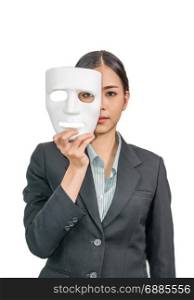 asian woman with white mask and a business suit on white background. woman with white mask
