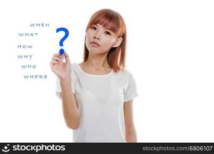 Asian woman writing wh- questions on virtual board with question mark