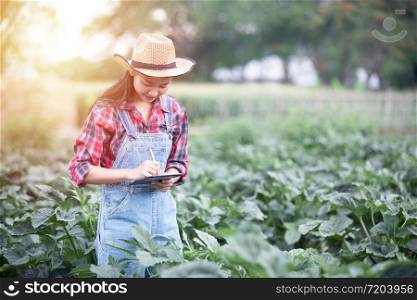 Asian women Agronomist and farmer Using Technology for inspecting in Agricultural and organic vegetable Field