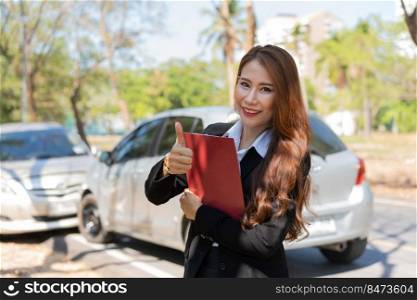Asian women are insurance agents holding clipboards and standing in front of car accidents after checking car damage, Concepts of insurance, and car traffic accidents.