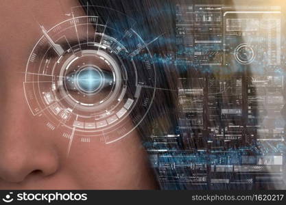 Asian women being futuristic vision, digital technology screen over the eye vision background, security and command in the accesses. surveillance and sefety concept