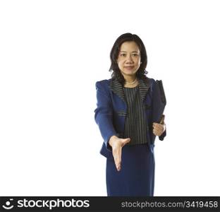 Asian women carrying folder and pen offering handshake in business suit on white background