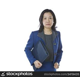 Asian women carrying folder in business suit on white background