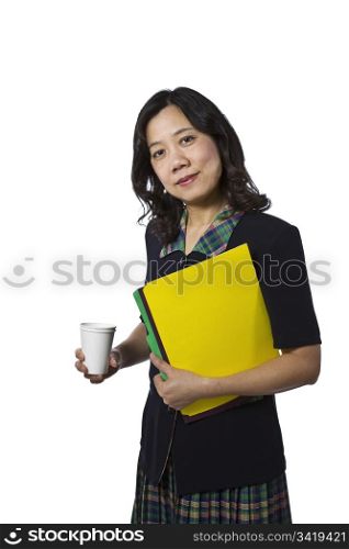 Asian women carrying folders in business causal clothing on white background