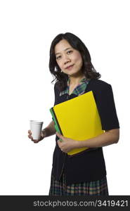 Asian women carrying folders in business causal clothing on white background