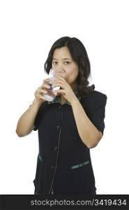 Asian women drinking ice water, wearing dark business outfit on white background
