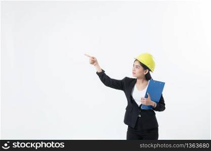 Asian women engineering inspecting and working and holding blueprints and clipboard checking isolated on white background