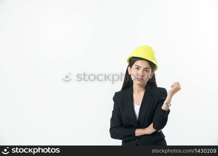 Asian women engineering inspecting and working and holding blueprints and clipboard checking isolated on white background