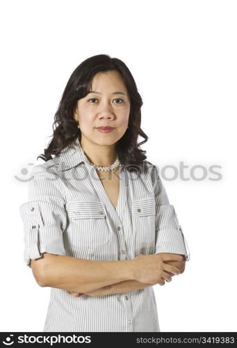 Asian women expressing confidence wearing causal business clothing on white background
