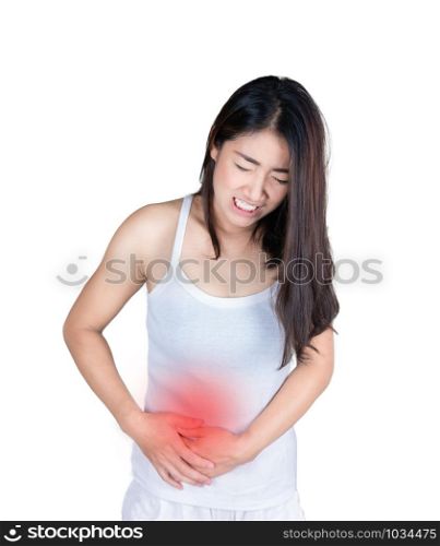 Asian women her stomach aches hard isolated on white background