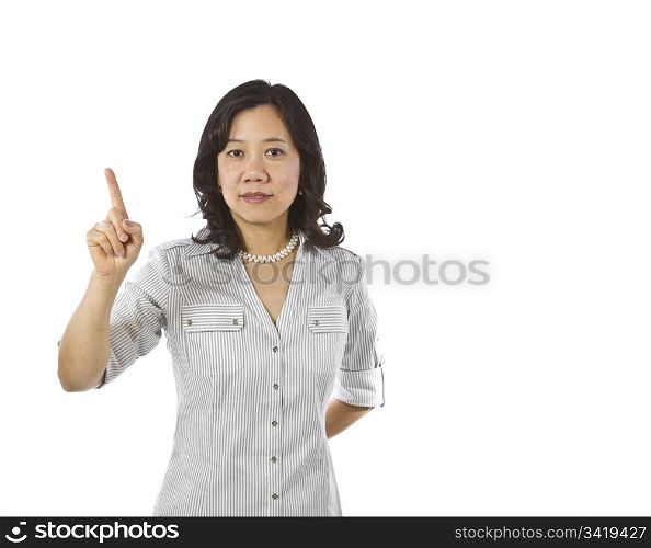 Asian women point finger in business causal clothing on white background