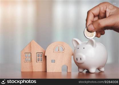 Asian women’s hand saving a coin into piggy bank with wooden house model on the table for business, finance, saving money and property investment concept.
