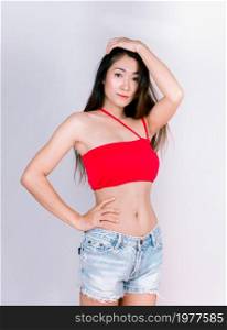 Asian women sexy red dress on white background