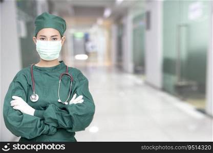 Asian women surgeon doctors with stethoscope wear mask at hospital clinic against corona covid-19 virus diagnostics analyse patient in hospital. Doctor clinical for theoretical laboratory studies case