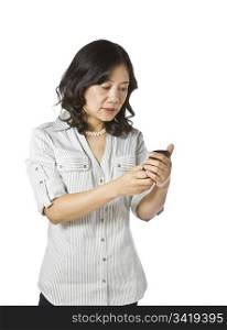 Asian women texting in business causal clothing on white background