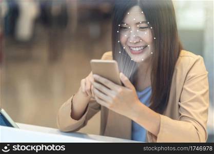 Asian women using the technology tablet for access control by face recognition in private identification step when online shopping with the credit card, credit card mockup, online payment concept