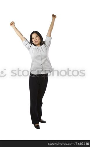 Asian women wearing business causal clothing while stretching on white background