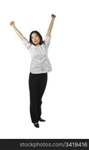 Asian women wearing business causal clothing while stretching on white background