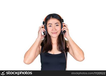 Asian women wearing headphones to listen to music isolated on a white background with clipping path.