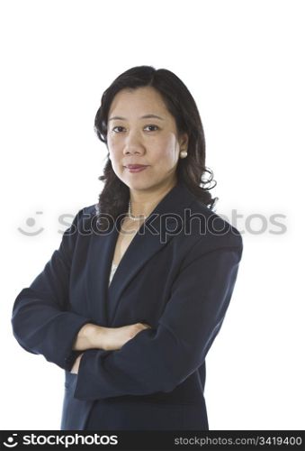Asian women with arms crossed in business suit on white background