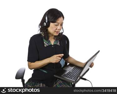 Asian women with headset, laptop and office chair on white background