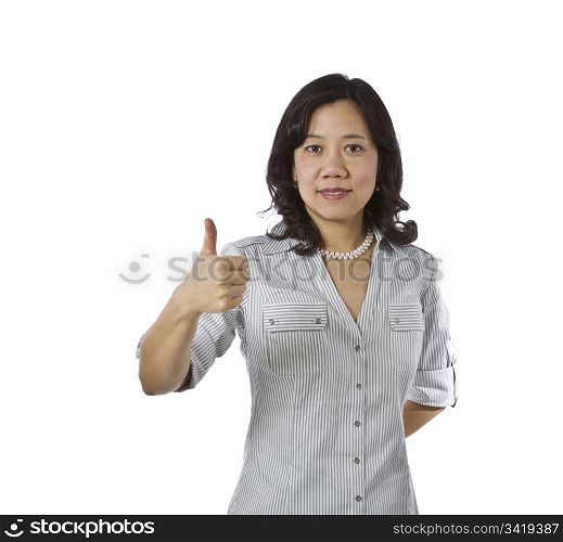Asian women with thumb up in business causal clothing on white background