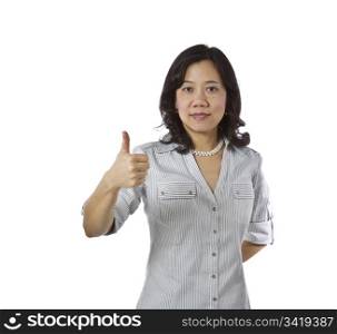 Asian women with thumb up in business causal clothing on white background