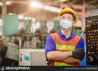 Asian worker wearing disposable face mask or HEPA face shield for protection from Coronavirus Covid-19  spreading and toxic smoke dust air pollution in factory for labor health care.