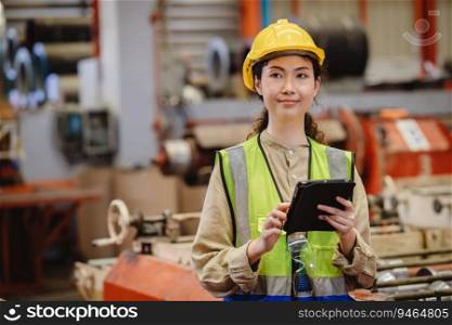 Asian working woman worker, portrait smile engineer lady standing with tablet.