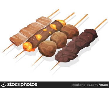 Asian Yakitoris Skewers Set. Illustration of a set of appetizing cartoon yakitori skewers icons, with meat, beef and cheese, fried chicken croquettes, for asian fastfood and takeout restaurants