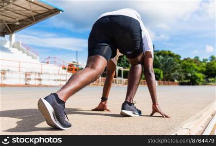 Asian young athlete sport runner black man active ready to start running training at the outdoor on the treadmill for a step forward, healthy exercise workout, closeup back on feet shoe