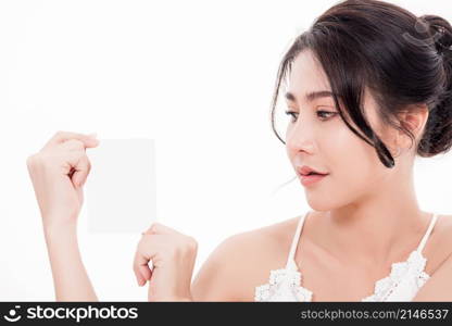 Asian young beautiful woman smiling she&rsquo;s holding blank square skin care near face for present product isolated on over white background, Beauty concept