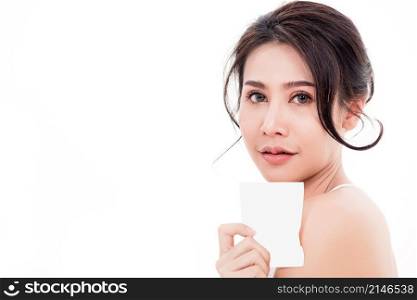 Asian young beautiful woman smiling she&rsquo;s holding blank square skin care near face for present product isolated on over white background, Beauty concept