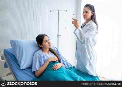 Asian young female doctor with syringe to Asian young female patient on Bed for better healing In the room hospital background.