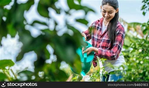 Asian young female farmer watering plant in the green field. Modern technologies in agriculture management and agribusiness concept.