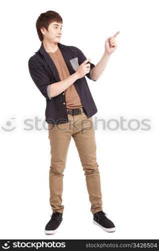 Asian young man pointing something