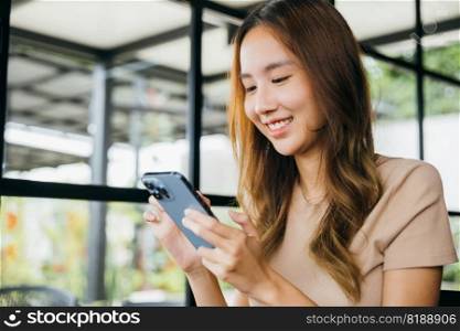 Asian young woman using smart phone for shopping online at cafe coffee shop in the morning, female has transfer money financial internet banking on mobile phone