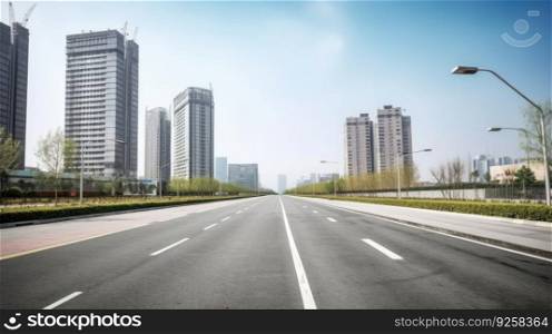 Asphalt road and modern city with skyscrapers. Generative AI AIG21.