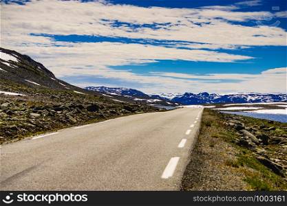 Asphalt road in norwegian mountains, national tourist route Aurlandsvegen in Norway. Asphalt road in norwegian mountains