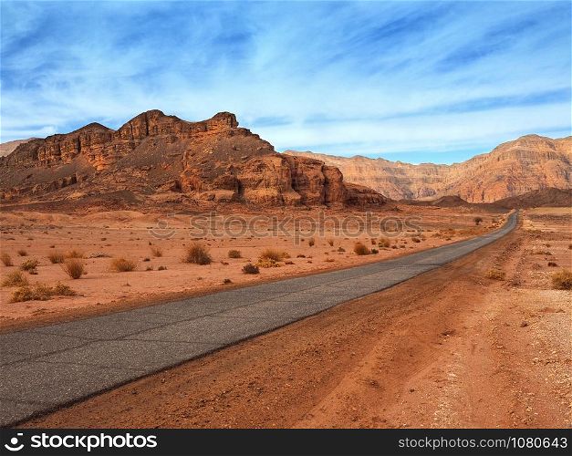 Asphalt road in Timna park. Negev Desert. Israel.