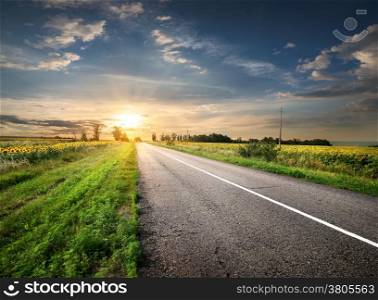 Asphalted highway in the field and sunlight